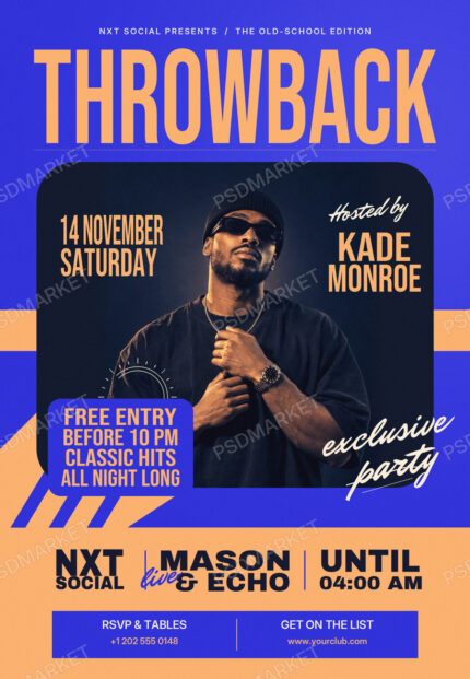 Throwback club flyer with a cobalt blue and peach palette, tall condensed headline, sunglasses DJ portrait, editable event details and a three-column footer.