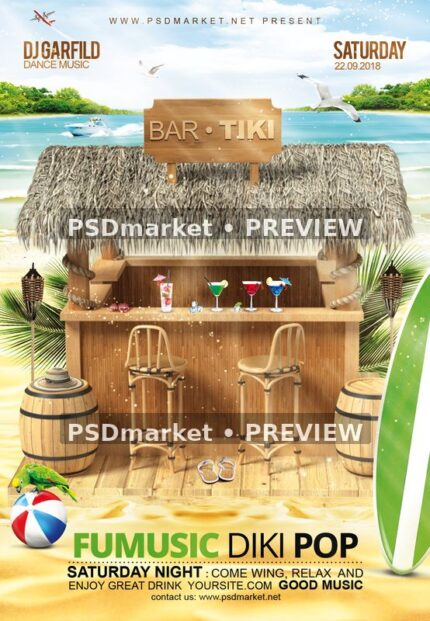 Tropical tiki beach bar flyer with cocktails, stools, surfboard, coastal scene, and two PSDmarket preview watermarks