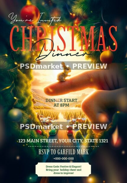 Tiny Rabbit Christmas Dinner Flyer PSD Template — reduced watermarked source artwork preview