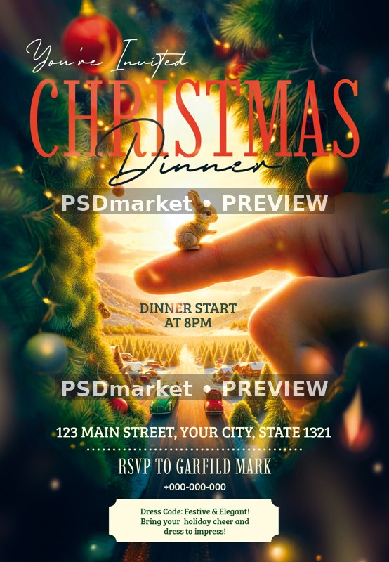 Tiny Rabbit Christmas Dinner Flyer PSD Template — PSD template preview