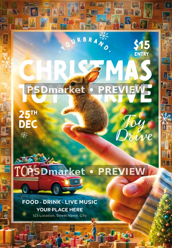 Tiny Rabbit Christmas Toy Drive Flyer PSD Template — PSD template preview