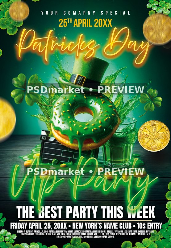 Top Hat Donut Patrick's Party Flyer PSD Template — PSD template preview