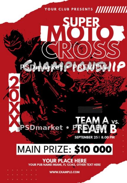 Red black and white motocross championship flyer with torn edges, rider illustration and large prize strip