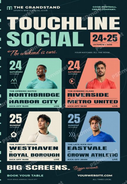 Touchline Social Football Watch Party Flyer PSD Template with PSDmarket preview watermark