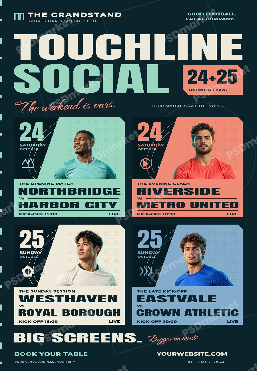 Touchline Social Football Watch Party Flyer PSD Template — PSD template preview