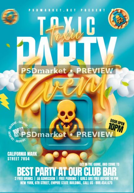 Turquoise toxic-party flyer with gold script, cartoon hazard container, yellow emblem and floating cloud shapes.