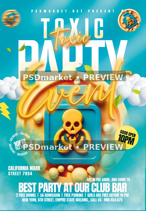 Turquoise toxic-party flyer with gold script, cartoon hazard container, yellow emblem and floating cloud shapes.
