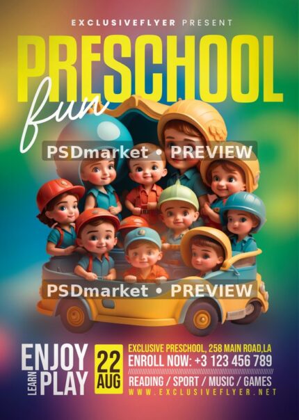 Toy Children Bus Preschool Fun Flyer PSD Template — PSD template preview