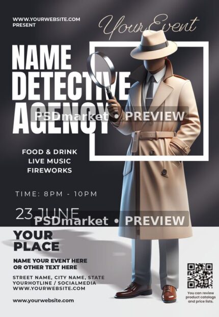 Trench Coat Detective Agency Flyer PSD Template — PSD template preview