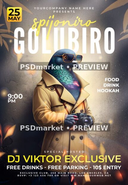 Trench Coat Spijoniro Golubiro Pigeon Flyer PSD Template — PSD template preview