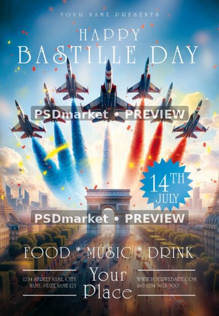 Tricolor Jet Formation Bastille Day Flyer PSD Template — PSD template preview