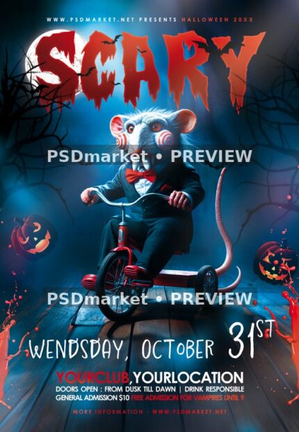 Tricycle Rat Scary Halloween Party Flyer PSD Template — reduced watermarked source artwork preview