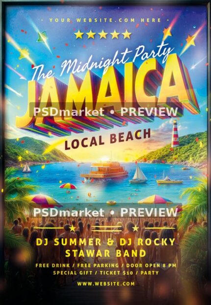 Colorful Jamaica beach party flyer with dimensional yellow headline, palms, boats, lighthouse, umbrellas and crowd