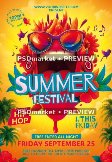 Tropical Character Summer Festival Flyer PSD Template — PSD template preview