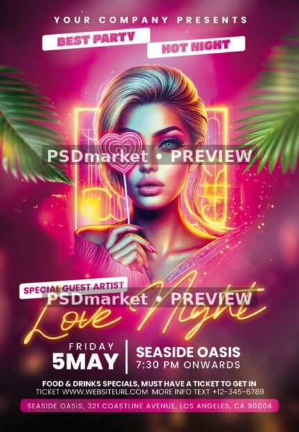 Tropical Neon Portrait Hot Love Night Flyer PSD Template — PSD template preview