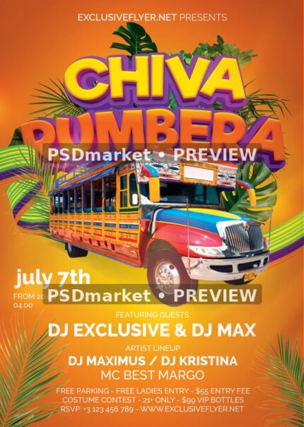 Tropical Orange Chiva Rumbera Bus Flyer PSD Template — PSD template preview