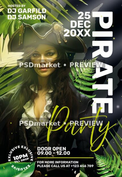 Dark pirate party flyer with female pirate portrait, tropical leaves, vertical white title and green script