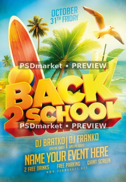 Tropical Surfboard Back to School Party Flyer — reduced watermarked preview of the supplied artwork