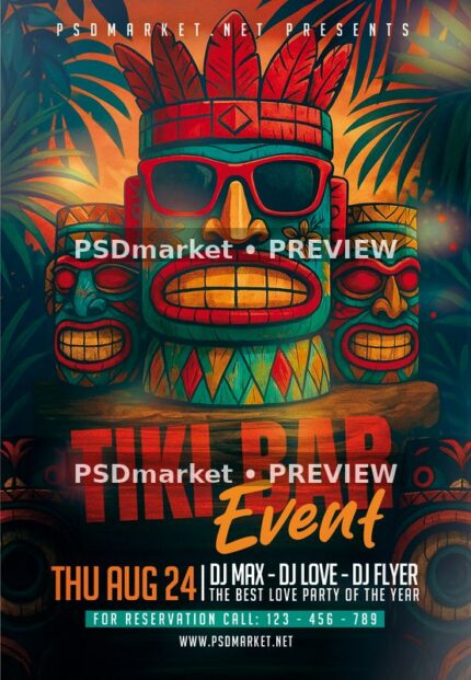 Tropical tiki bar flyer with three colorful carved masks, sunglasses, palm foliage and red orange title. Two horizontal PSDmarket preview watermarks.