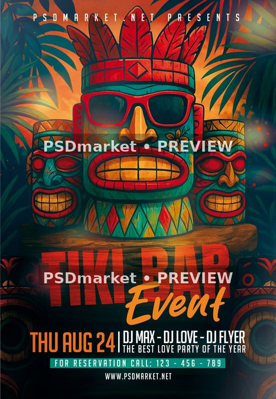 Tropical Tiki Masks Bar Event Flyer PSD Template — PSD template preview