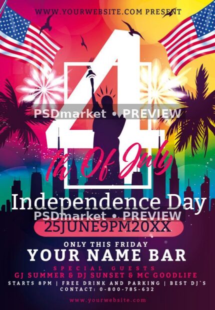 Colorful USA Independence Day flyer with American flags, large white four, palm silhouettes, fireworks and Liberty figure