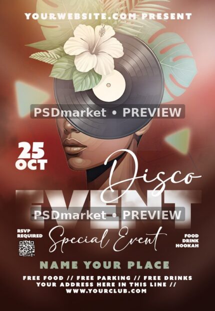 Tropical Vinyl Portrait Disco Event Flyer — reduced watermarked preview of the supplied artwork