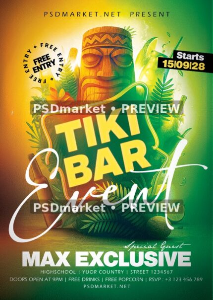 Tropical Wooden Tiki Bar Event Flyer — reduced watermarked preview of the supplied artwork