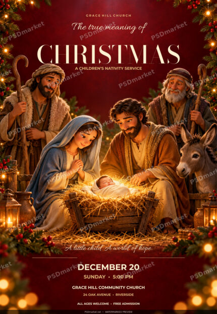 True Christmas Nativity service flyer with cream serif and script text over an illustrated manger scene in a red festive frame