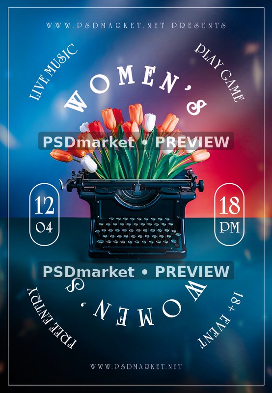 Tulip Typewriter Women's Day Flyer PSD Template — PSD template preview
