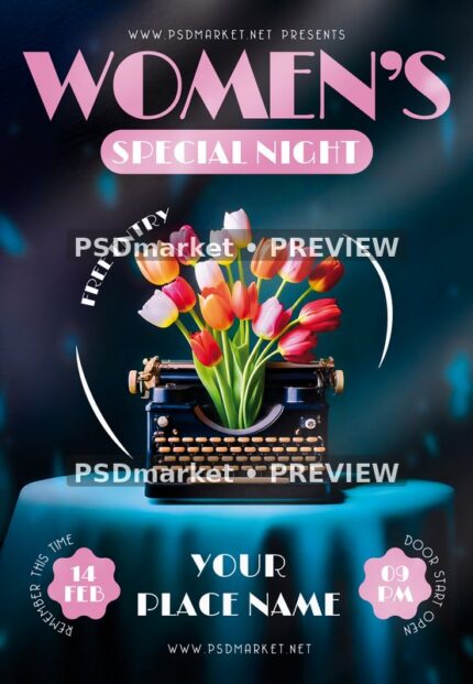 Tulip Typewriter Women's Night Flyer PSD Template — PSD template preview