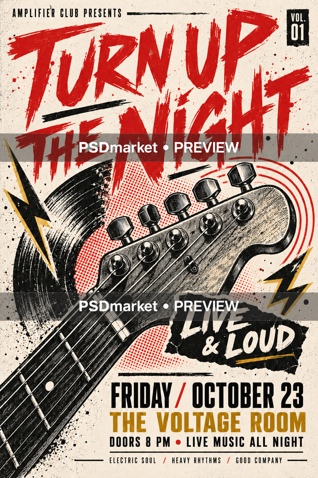 Turn Up The Night Rock Flyer PSD and SVG Template — PSD template preview