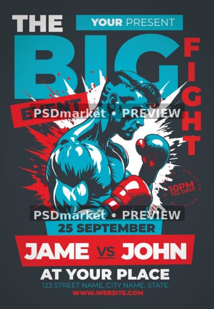 Dark boxing event flyer with turquoise fighter, red gloves, paint splashes and bold Big Fight lettering