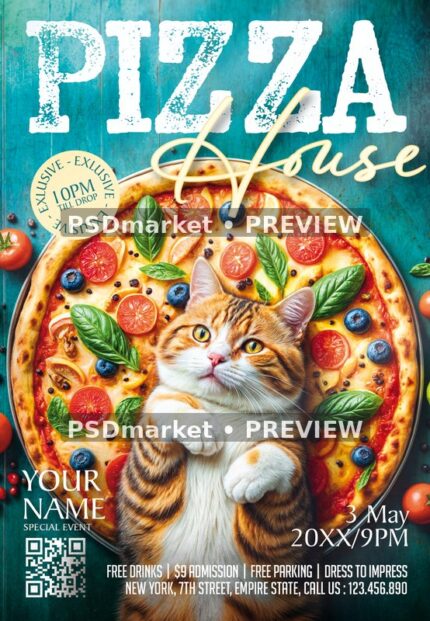 Turquoise Cat Pizza House Flyer PSD Template — PSD template preview