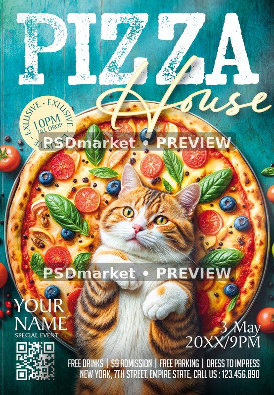 Turquoise Cat Pizza House Flyer PSD Template — PSD template preview