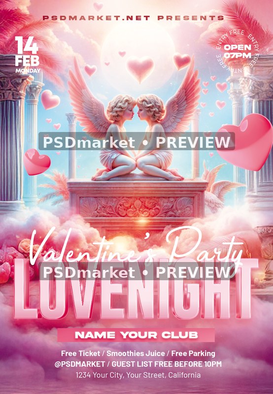 Twin Cherub Cloud Love Night Flyer PSD Template — PSD template preview