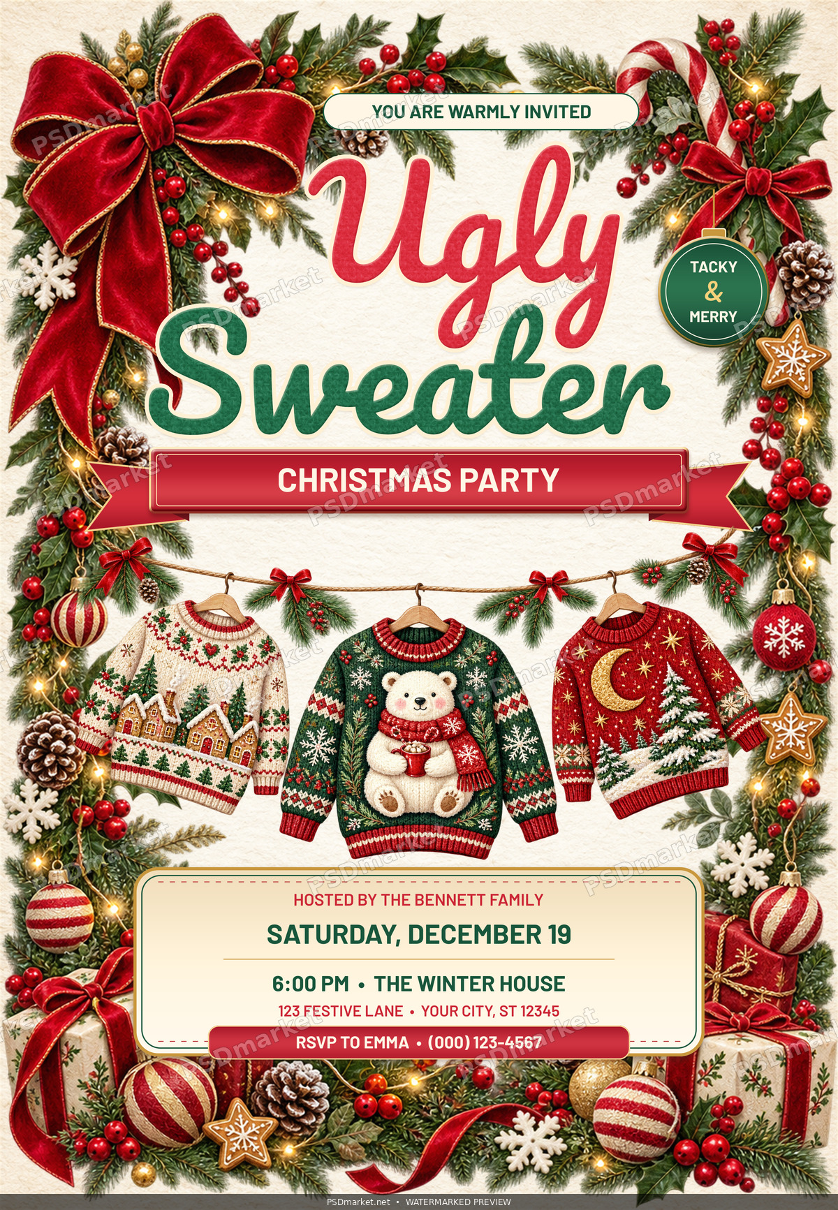 Ugly Sweater Clothesline PSD Flyer — PSD template preview