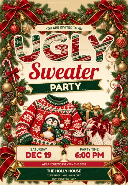 Ugly Sweater Knit-Off Christmas party flyer with knitted lettering, a penguin sweater, red bows, garlands, gifts and editable event tickets; watermarked preview.