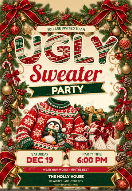 Watermarked preview of Ugly Sweater Knit-Off PSD Flyer