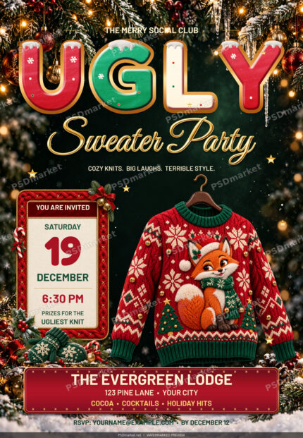 Watermarked preview of Ugly Sweater Party Fox Knit PSD Flyer