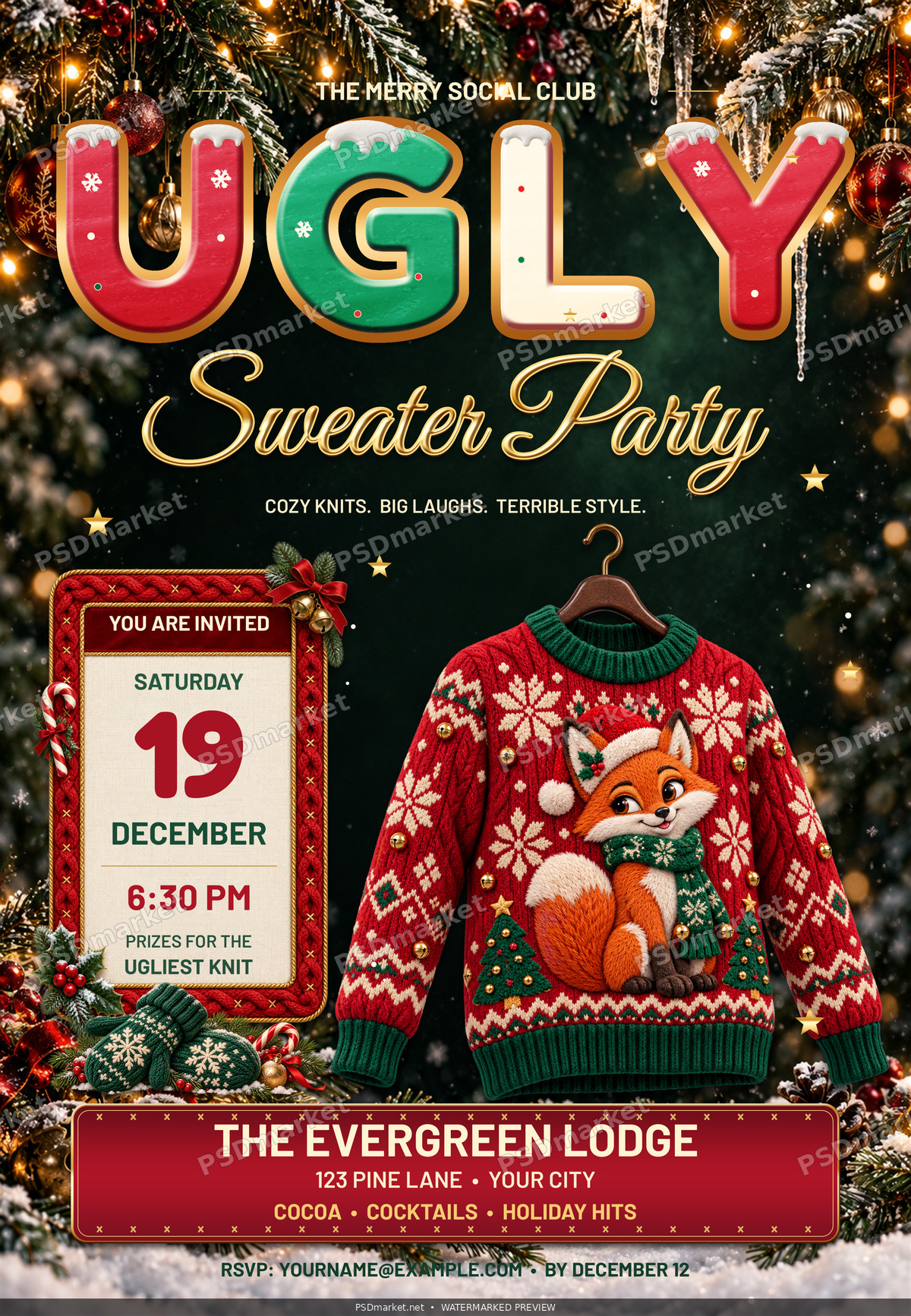 Ugly Sweater Party Fox Knit PSD Flyer — PSD template preview