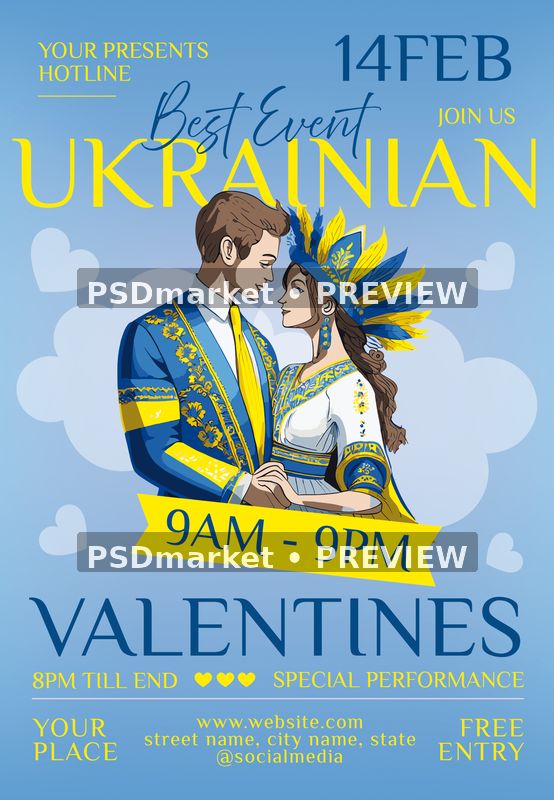 Ukrainian Valentines Blue Yellow Couple Flyer PSD Template — PSD template preview