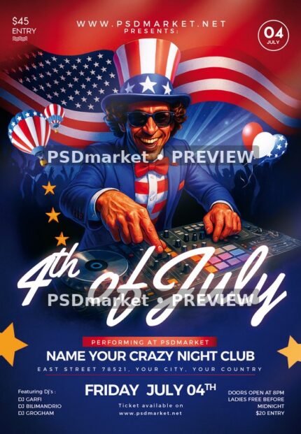 Uncle Sam DJ Fourth of July Flyer — reduced watermarked preview of the supplied artwork