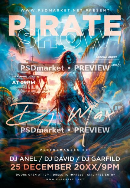Undead Pirate Woman Scary Show Flyer PSD Template — PSD template preview