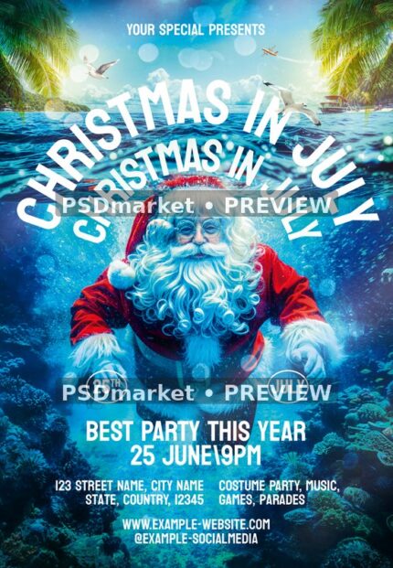 Underwater Santa Christmas in July Flyer — reduced watermarked source artwork preview