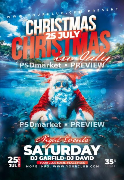 Underwater Thumbs Up Santa Christmas in July Flyer — reduced watermarked source artwork preview