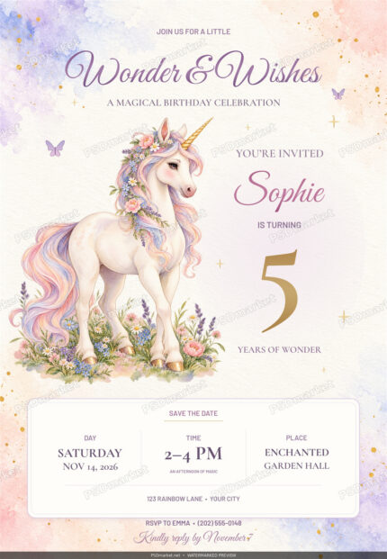 Watermarked preview of Unicorn Meadow Birthday PSD Invitation