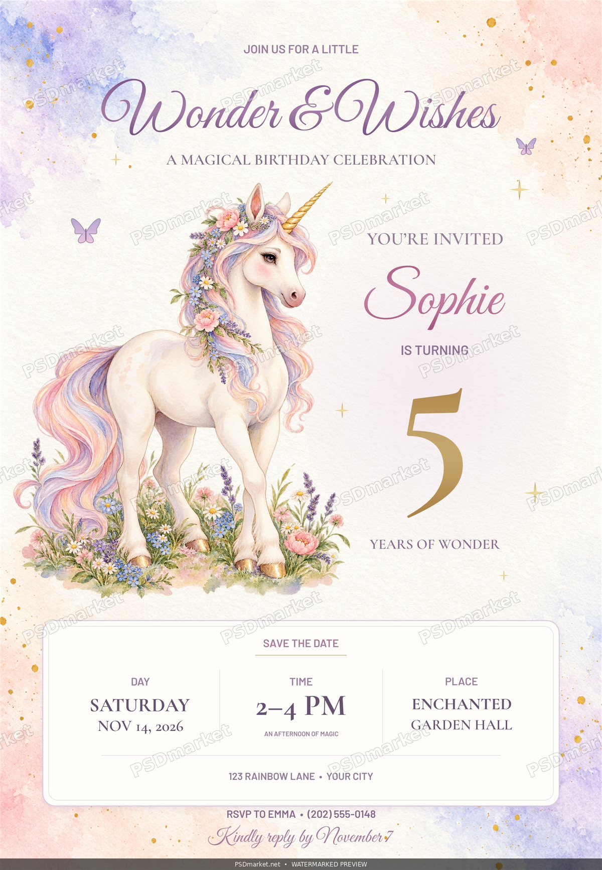 Unicorn Meadow Birthday PSD Invitation — PSD template preview
