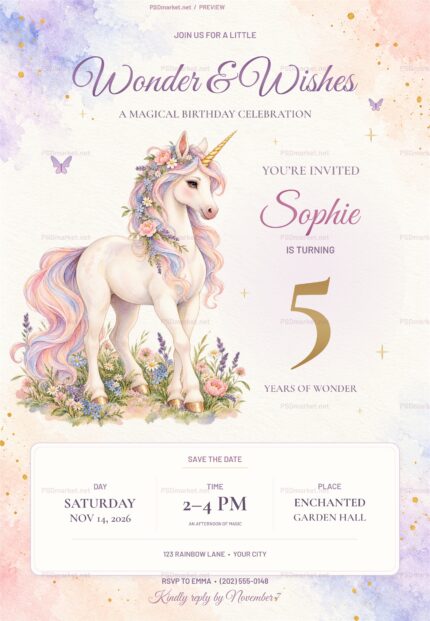 Watermarked watercolor unicorn birthday invitation with full-body meadow unicorn, Wonder and Wishes headline, Sophie name, age five and event-details card
