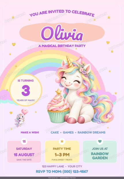 Watermarked preview of Unicorn Rainbow Birthday PSD Invitation