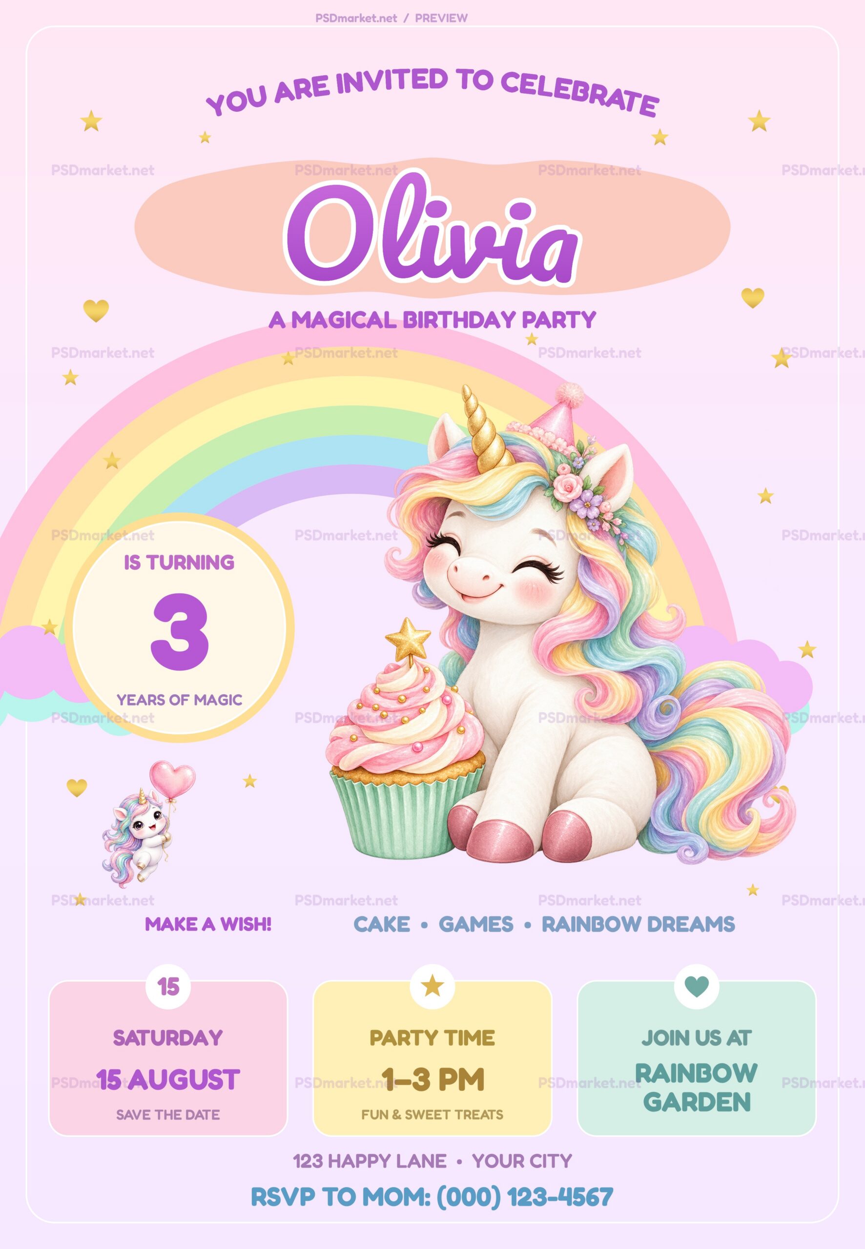 Watermarked pastel rainbow birthday invitation with a seated kawaii unicorn and cupcake, Olivia name, age-three badge and colorful event cards